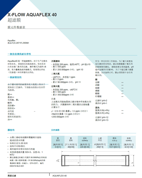 濱特爾Pentair AQUAFLEX 40超濾膜技術參數(shù)表